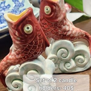 Red Ceramic Fish Candle Holders - Set of 2